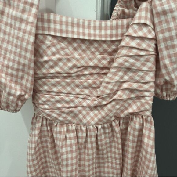 Reformation Mini Dress Zula 100% Linen Pink Gingham Plaid Short Puff Sleeve sz 2 - Picture 3 of 10
